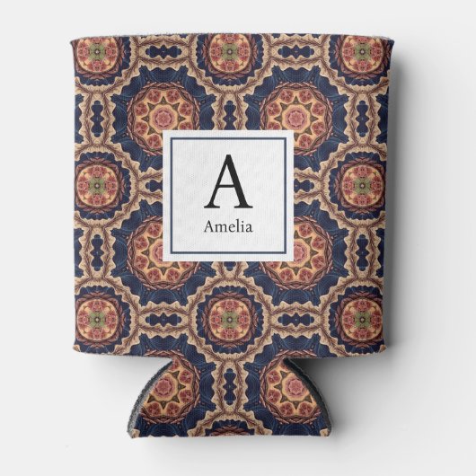 Fancy bloem- en stervormen Patroon Monogram Blikjeskoeler (Voorkant)