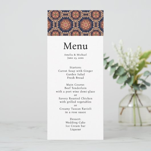 Fancy bloem- en stervormen Patroon Wedding Menu Kaart (Staand voorkant)