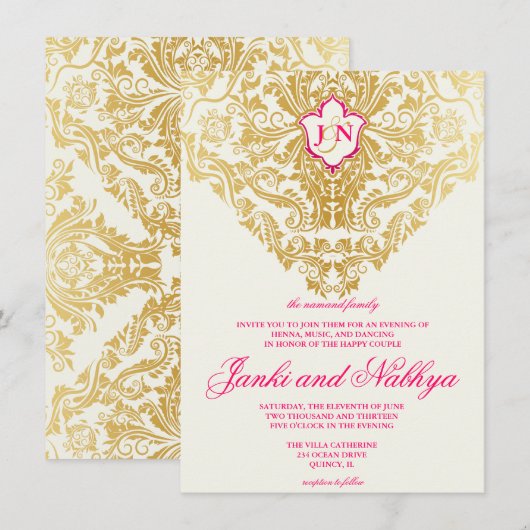 Fancy bloem Golden Indian Arabic Wedding Kaart (Voorkant / Achterkant)