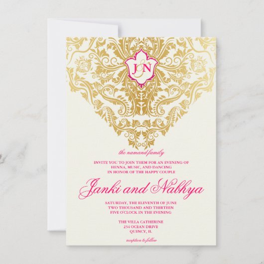 Fancy bloem Golden Indian Arabic Wedding Kaart (Voorkant)