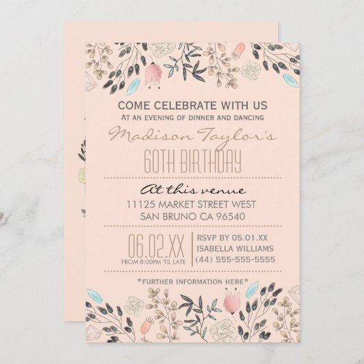 Fancy bloemen en diamanten 60e verjaardag kaart (Voorkant / Achterkant)