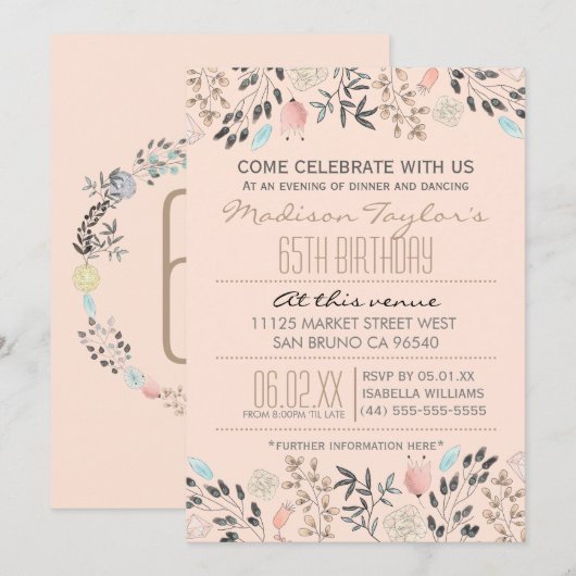 Fancy bloemen en diamanten 65ste verjaardag kaart (Voorkant / Achterkant)