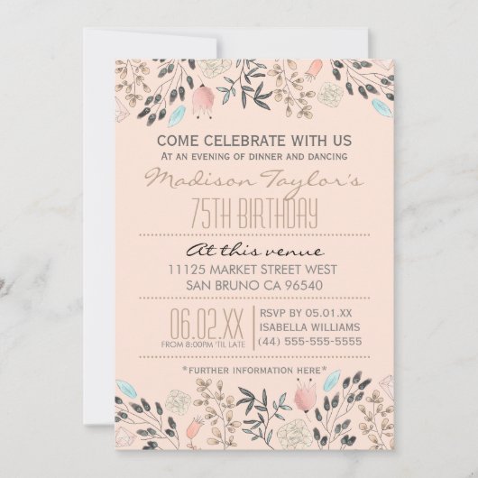 Fancy bloemen en diamanten 75ste verjaardag kaart (Voorkant)