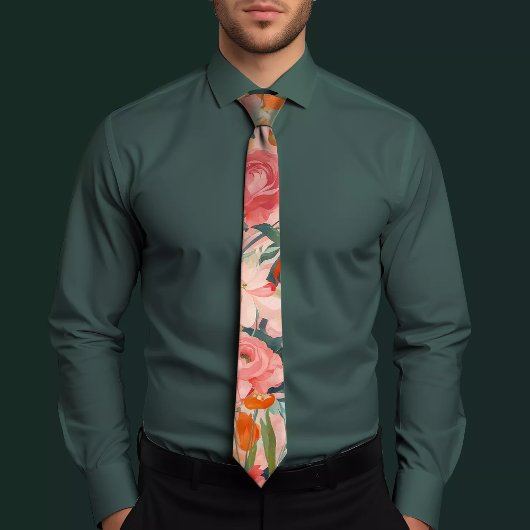 Fancy Bloemen Roze & Oranje Stropdas