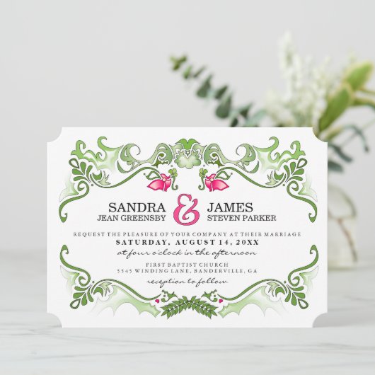 Fancy bloemenrand - Roze & Groene trouwuitnodiging Kaart (Staand voorkant)