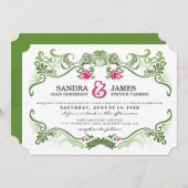 Fancy bloemenrand - Roze & Groene trouwuitnodiging Kaart (Voorkant / Achterkant)