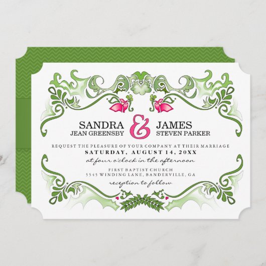 Fancy bloemenrand - Roze & Groene trouwuitnodiging Kaart (Voorkant / Achterkant)