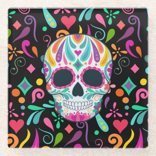 Fancy bloemige suikerschedel glazen onderzetter (Voorkant)