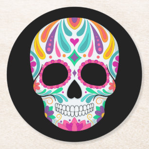 Fancy bloemige suikerschedel ronde kartonnen onderzetter