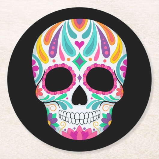 Fancy bloemige suikerschedel ronde kartonnen onderzetter (Voorkant)