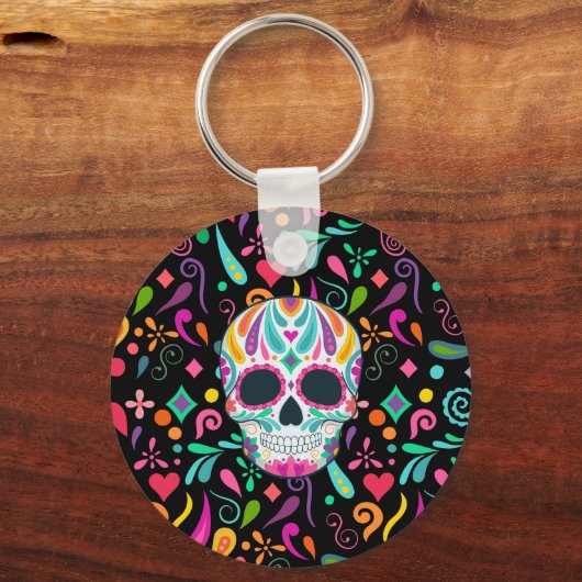 Fancy bloemige suikerschedel sleutelhanger (Voorkant)