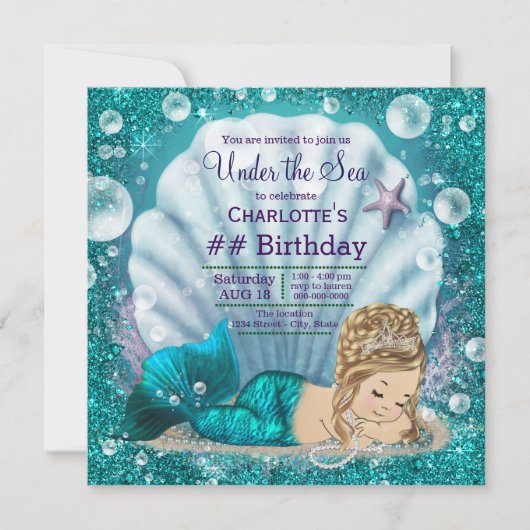 Fancy Blonde Mermaid Birthday Party Kaart (Voorkant)