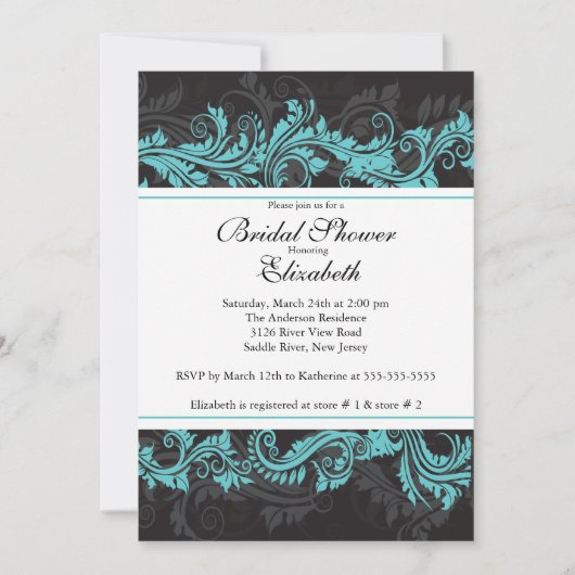 Fancy Blue Black Damask Bridal Shower-uitnodiging Kaart (Voorkant)