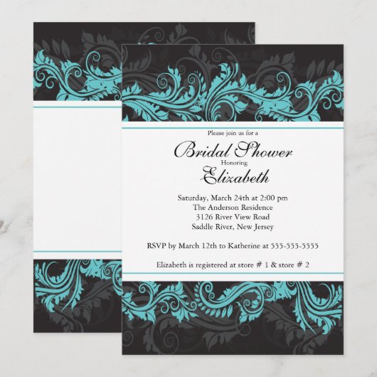 Fancy Blue Black Damask Bridal Shower-uitnodiging Kaart (Voorkant / Achterkant)