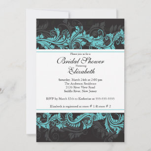 Fancy Blue Black Damask Bridal Shower-uitnodiging Kaart