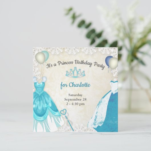 Fancy Blue Princess Dresses Birthday Uitnodiging (Staand voorkant)