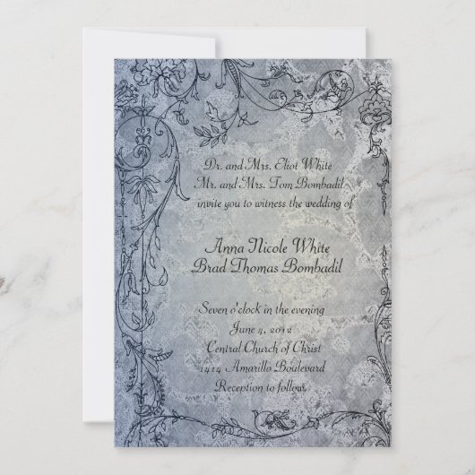 Fancy Blue Shabby Damask Vintage Wedding Kaart (Voorkant)