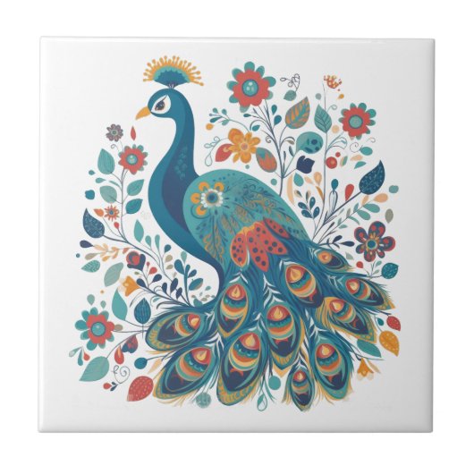 Fancy Boho Peacock Scandinavische volkskunst Tegeltje (Voorkant)