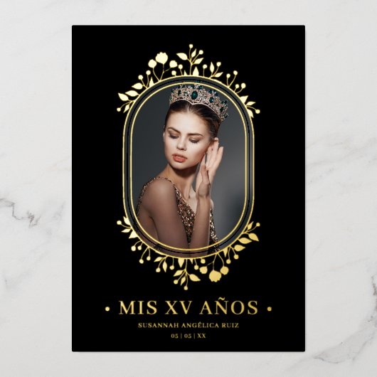 Fancy Botanisch ovaal Lijst Spaans Quinceañera Folie Uitnodiging (Voorkant)