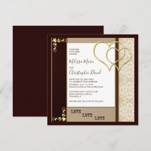 Fancy bruine en gouden bruiloft met hart kaart (Voorkant / Achterkant)