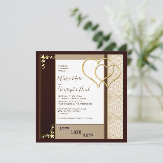 Fancy bruine en gouden bruiloft met hart kaart (Staand voorkant)