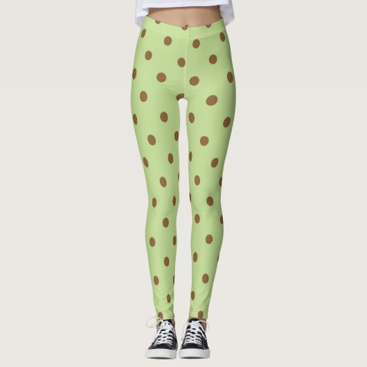 Fancy bruine en levende groene retro Polka Dot. Leggings (Voorkant)
