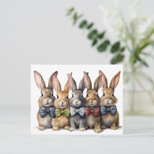 Fancy Bunny Bow Stropdas Waterverf Aankondigingskaart (Staand voorkant)