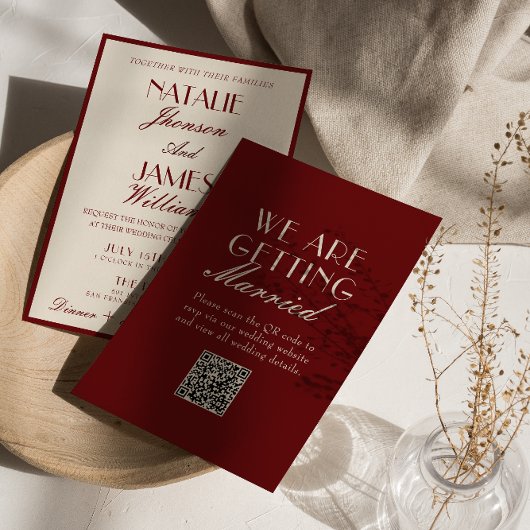 Fancy Burgundy Cream Old Money QR Code Wedding Kaart