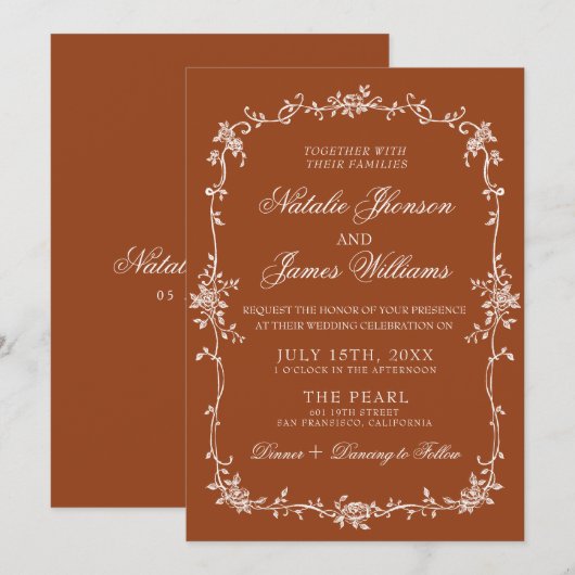Fancy Burnt Orange Floral Boho Terracotta Wedding Kaart (Voorkant / Achterkant)