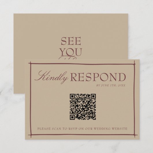 Fancy Camel Coat Rubine Oude Geld QR Code Bruiloft RSVP Kaartje (Voorkant / Achterkant)