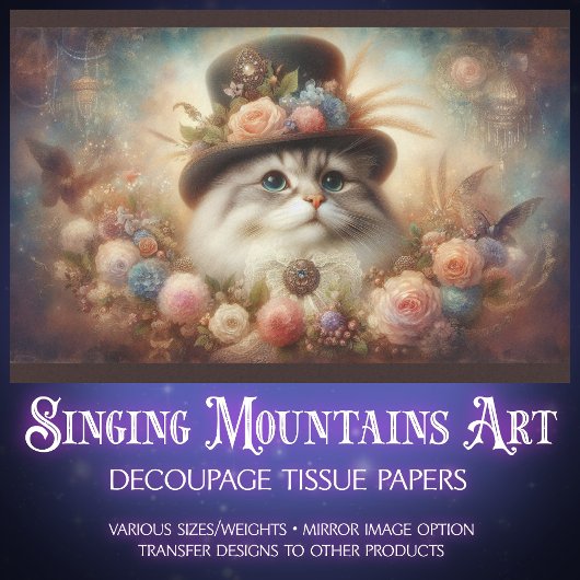 Fancy Cat in Victorian Hat Floral Decoupage  Tissuepapier