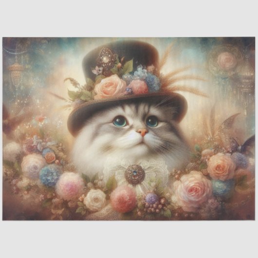 Fancy Cat in Victorian Hat Floral Decoupage  Tissuepapier (Voorkant)