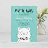 Fancy Cat Turquoise Kids Verjaardagsfeest Kaart (Staand voorkant)
