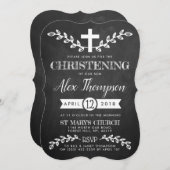 Fancy Chalkboard Cross & Foliage Christening Kaart (Voorkant / Achterkant)