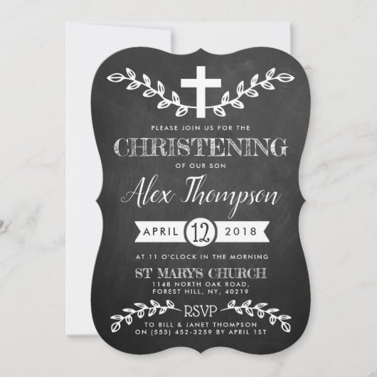 Fancy Chalkboard Cross & Foliage Christening Kaart (Voorkant)