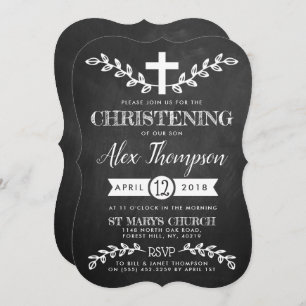 Fancy Chalkboard Cross & Foliage Christening Kaart