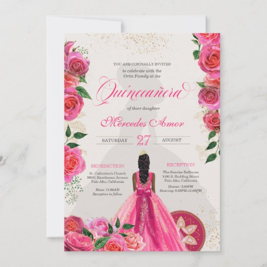 Fancy Charra Pink Gold Rozen Land Quinceanera I Kaart (Voorkant)