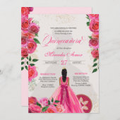 Fancy Charra Pink Gold Rozen Land Quinceanera Kaart (Voorkant / Achterkant)