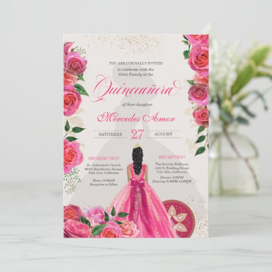 Fancy Charro Hot Pink Rozen Western Quinceanera Kaart (Staand voorkant)