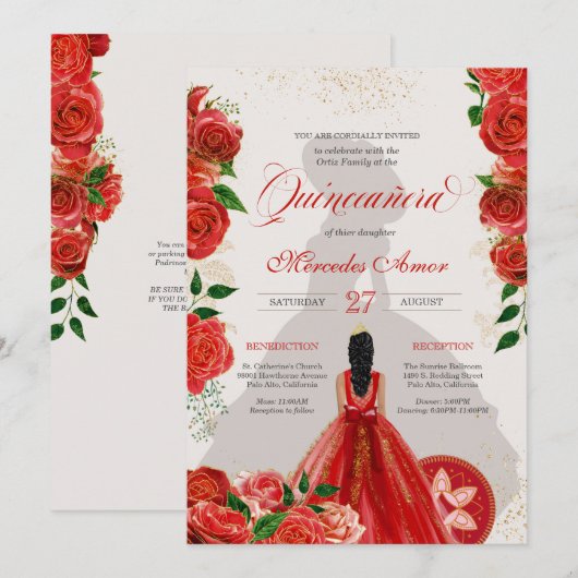 Fancy Charro Rode Rode Quinceanera Uitnodiging (Voorkant / Achterkant)