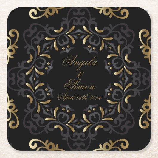 Fancy chic Black en Gold Baroque Lijst Weddenschap Kartonnen Onderzetters (Voorkant)