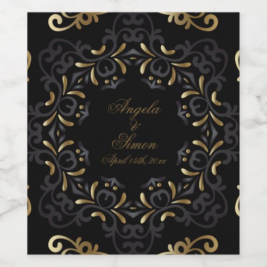 Fancy chic Black en Gold Baroque Lijst Weddenschap Wijn Etiket (Enkel label)