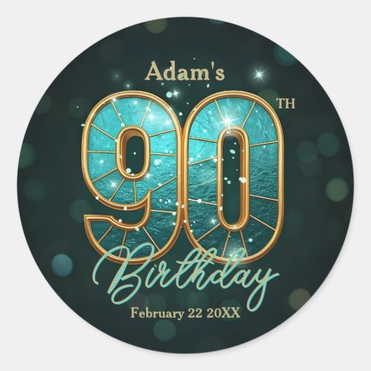 Fancy Chic Blauwgroen & Goud 90ste Verjaardag Ronde Sticker (Voorkant)