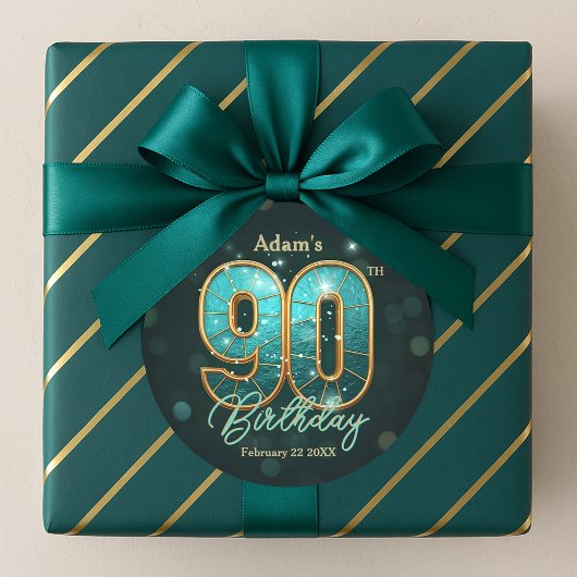 Fancy Chic Blauwgroen & Goud 90ste Verjaardag Ronde Sticker