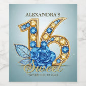 Fancy Chic Blue Roos Gold Edelsteen Sweet 16 Wijn Etiket (Enkel label)