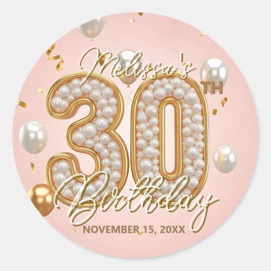 Fancy Chic Blush Roze Goud Parelachtige 30e Verjaa Ronde Sticker (Voorkant)