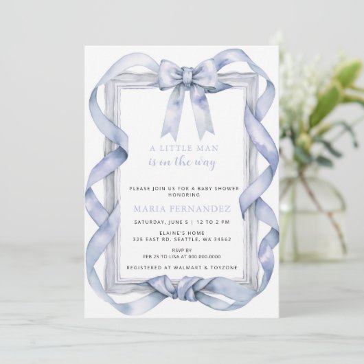 Fancy Chic Coquette Blue Bow Boy Baby shower Kaart (Staand voorkant)