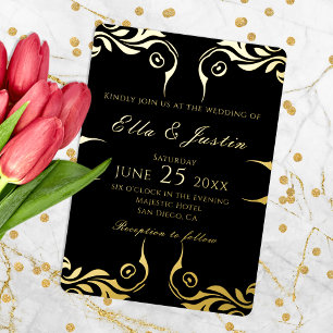 Fancy Chic Faux Gold Border op Black Wedding Folie Uitnodiging