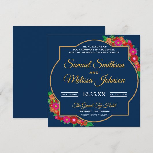 Fancy Chic Floral Lijst Blue Wedding Invitation Kaart (Voorkant / Achterkant)