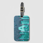 Fancy Chic Glam Blauwgroen Verf Druppel Naam Monog Bagagelabel (Voorkant (verticaal))
